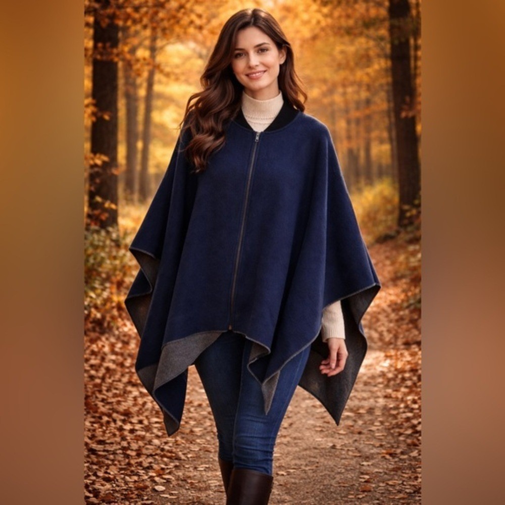 NWOT Rag & Bone Navy Zip-Front Wool-Blend Poncho Cape $448